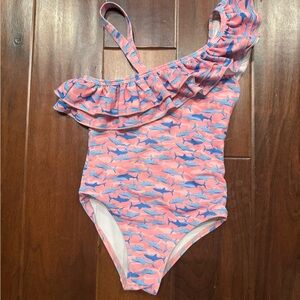 Kids Pink Shark Print One-Shoulder Swimsuit